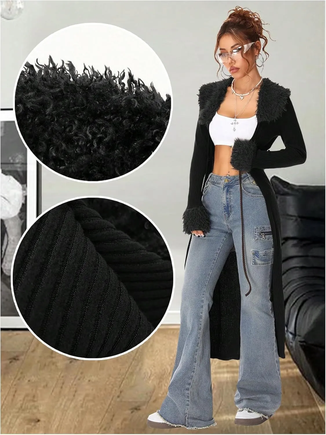 SOLY HUX Long Cardigan for Women Fuzzy Trim Open Front Tie Long Sleeve Y2k Cardigans