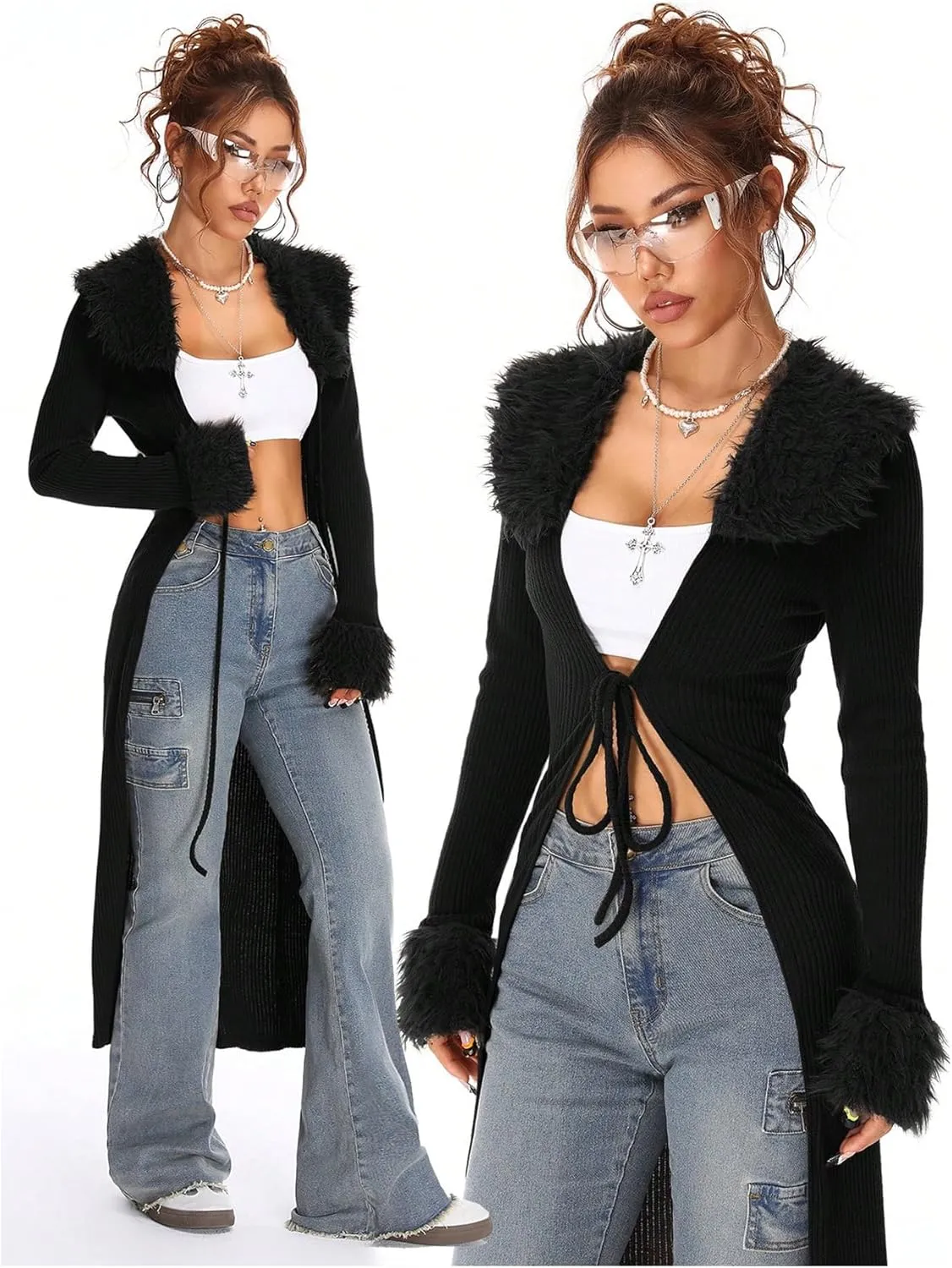SOLY HUX Long Cardigan for Women Fuzzy Trim Open Front Tie Long Sleeve Y2k Cardigans