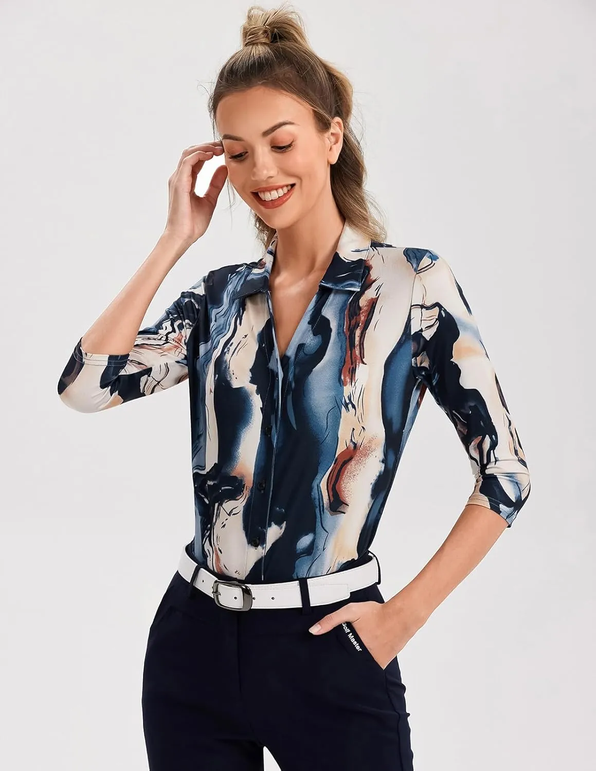Soneven Womens 3/4 Sleeve Button Down Shirt V Neck Collared Polo Shirts Work Blouses