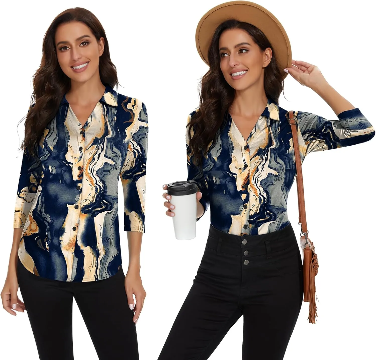 Soneven Womens 3/4 Sleeve Button Down Shirt V Neck Collared Polo Shirts Work Blouses