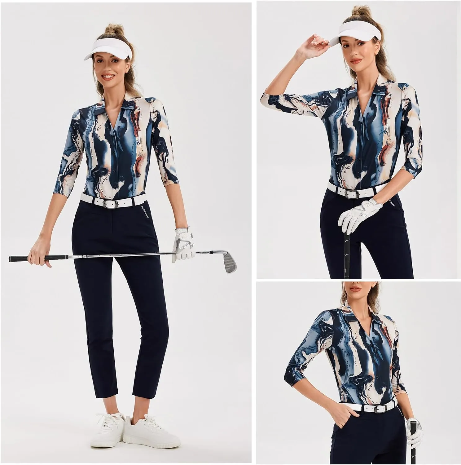 Soneven Womens 3/4 Sleeve Button Down Shirt V Neck Collared Polo Shirts Work Blouses