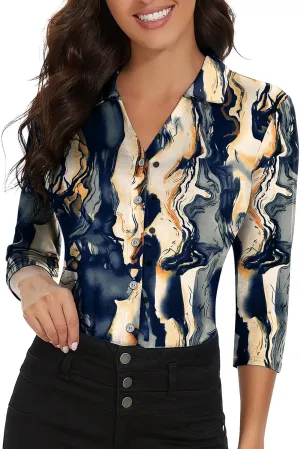 Soneven Womens 3/4 Sleeve Button Down Shirt V Neck Collared Polo Shirts Work Blouses