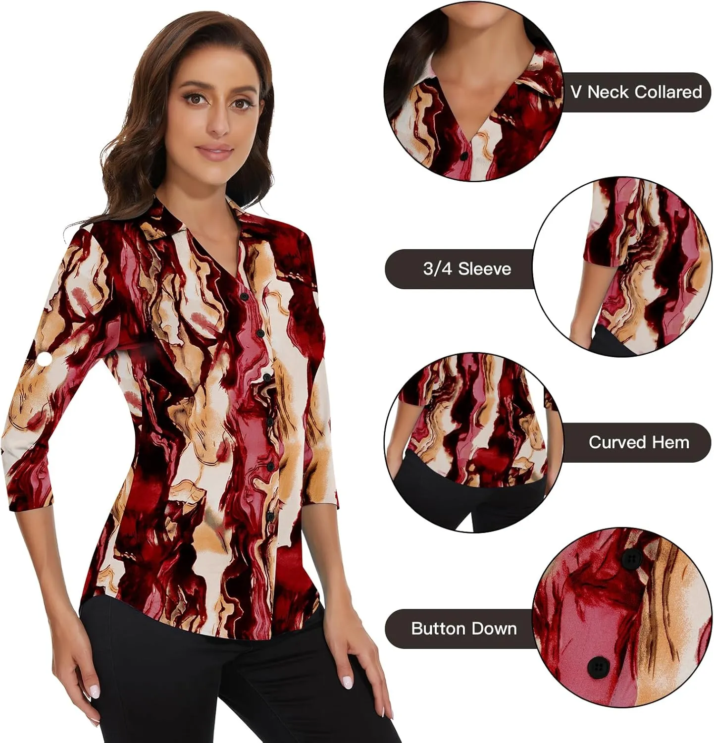 Soneven Womens 3/4 Sleeve Button Down Shirt V Neck Collared Polo Shirts Work Blouses
