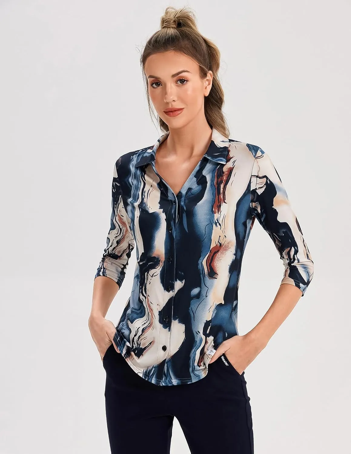 Soneven Womens 3/4 Sleeve Button Down Shirt V Neck Collared Polo Shirts Work Blouses