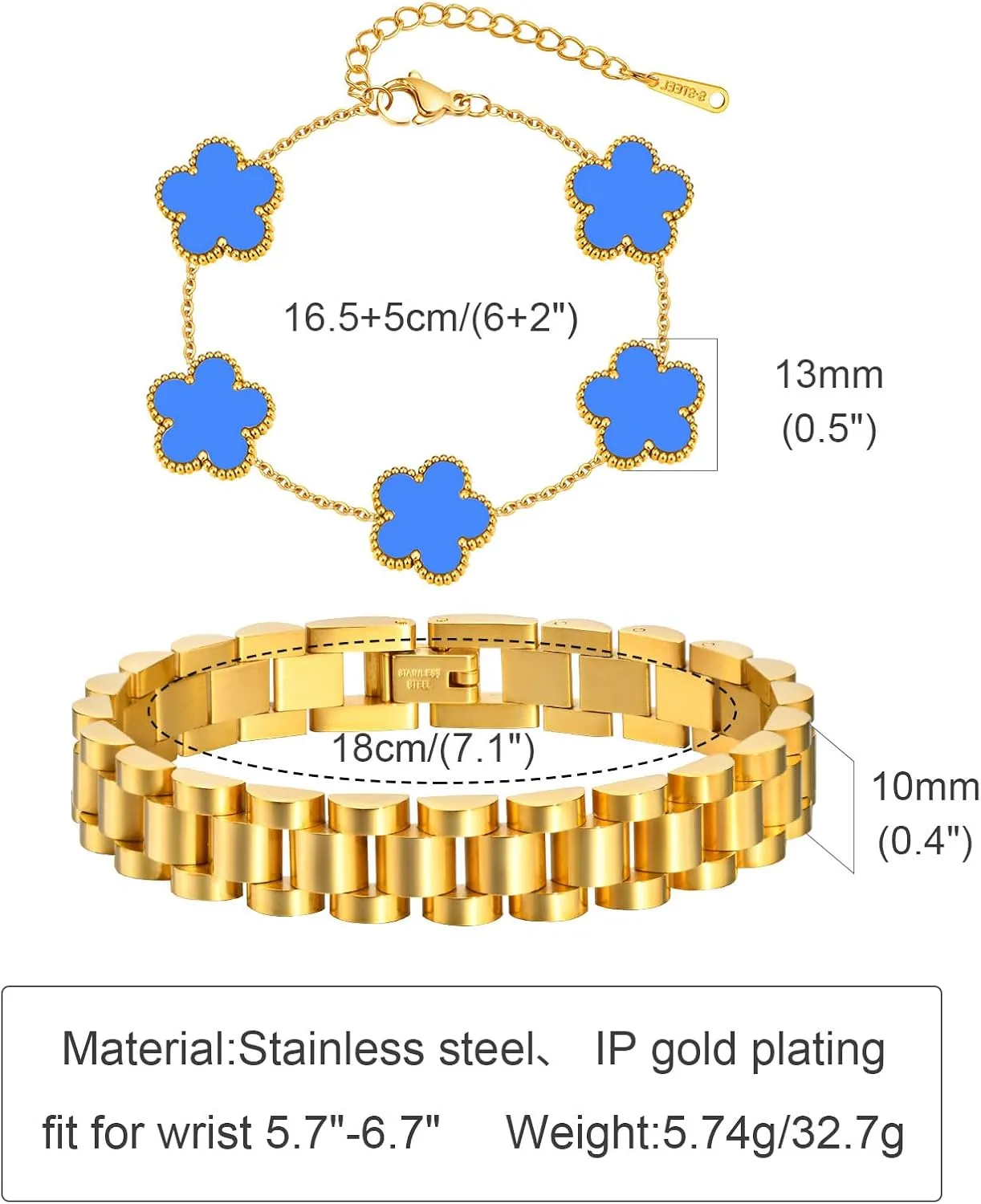 Stackable Gold Floral Bracelets Set , 2pcs 18K Gold Plated Bracelet Non-tarnish,Stainless Steel Link Chain Friendship Bracelet,Watch Band Trendy Jewelry,Christmas Valentines Birthday Gifts for Women