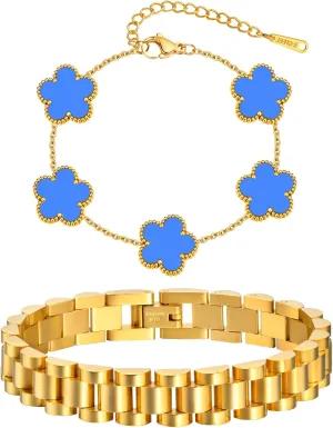 Stackable Gold Floral Bracelets Set , 2pcs 18K Gold Plated Bracelet Non-tarnish,Stainless Steel Link Chain Friendship Bracelet,Watch Band Trendy Jewelry,Christmas Valentines Birthday Gifts for Women