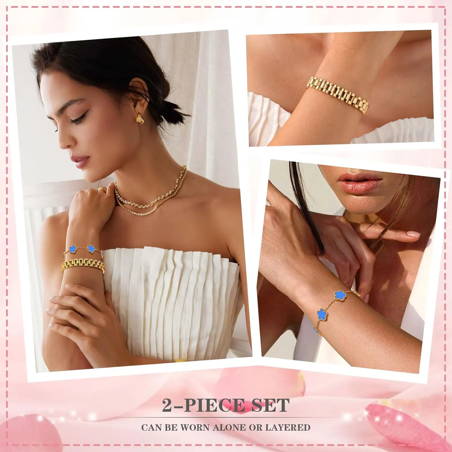 Stackable Gold Floral Bracelets Set , 2pcs 18K Gold Plated Bracelet Non-tarnish,Stainless Steel Link Chain Friendship Bracelet,Watch Band Trendy Jewelry,Christmas Valentines Birthday Gifts for Women