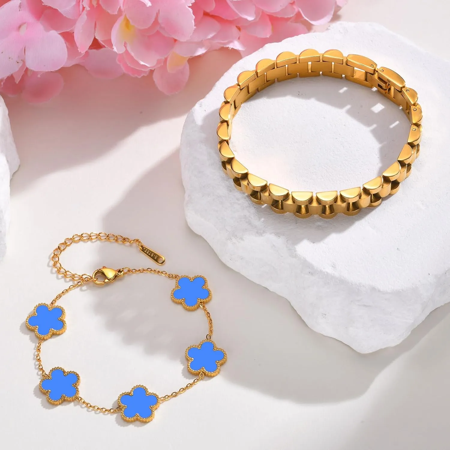 Stackable Gold Floral Bracelets Set , 2pcs 18K Gold Plated Bracelet Non-tarnish,Stainless Steel Link Chain Friendship Bracelet,Watch Band Trendy Jewelry,Christmas Valentines Birthday Gifts for Women