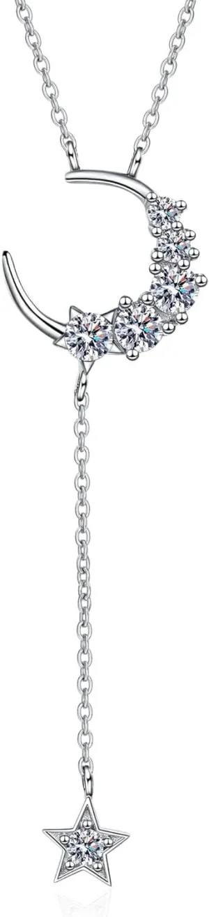 StarGems Star&Moon Tassel 0.4cttw Moissanite 925 Silver Platinum Plated Necklace 40 5cm NX035