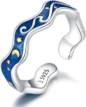 Starry Sky Moon Star Open Statement Ring S925 Sterling Silver Blue Universe Waves Stacking Engagement Wedding Rings Finger Band for Women