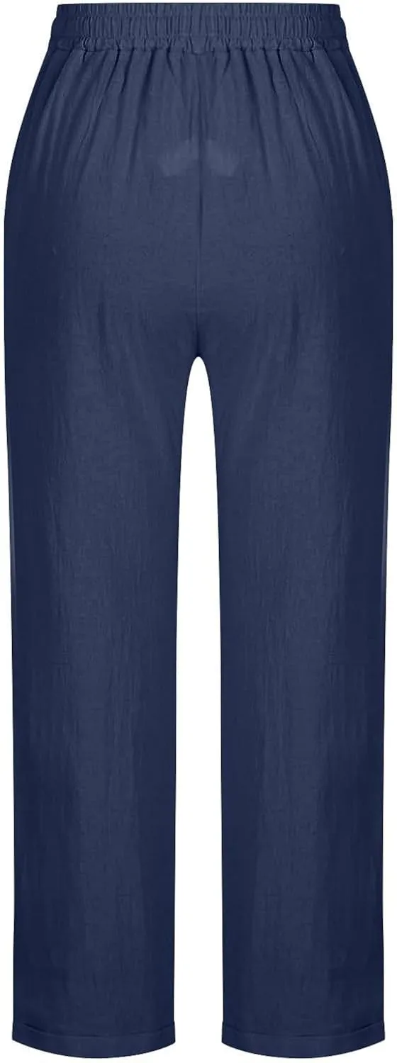 Summer Beach Pants for Women Linen Elastic High Waist Straight Leg Light Causal Cool Lounge Trousers Women Pajamas
