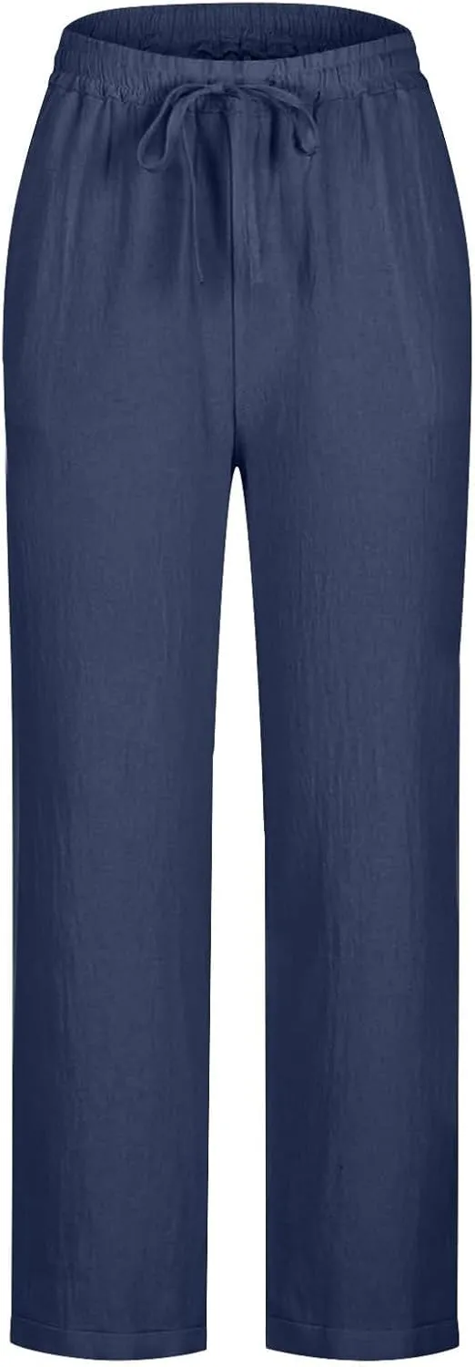 Summer Beach Pants for Women Linen Elastic High Waist Straight Leg Light Causal Cool Lounge Trousers Women Pajamas