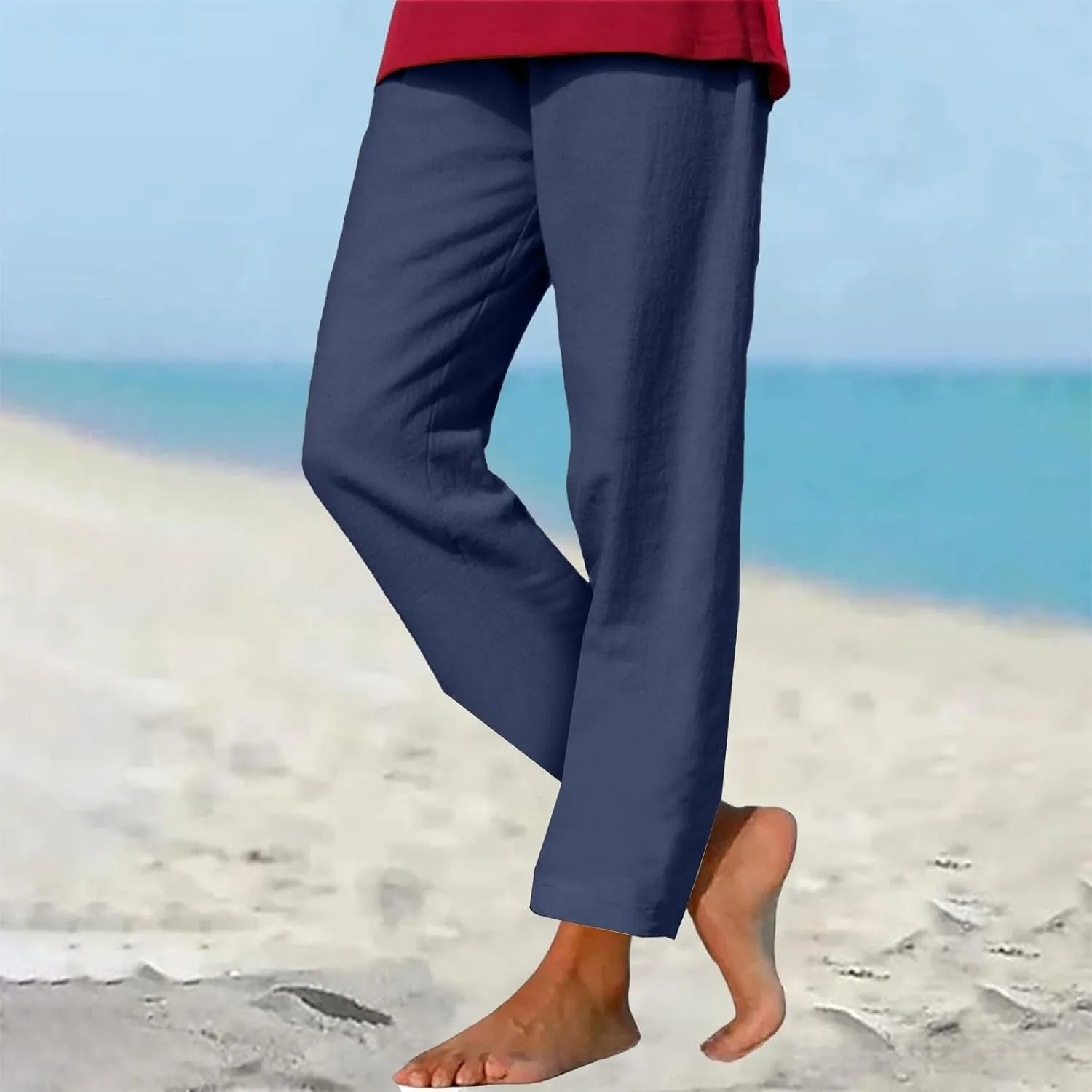 Summer Beach Pants for Women Linen Elastic High Waist Straight Leg Light Causal Cool Lounge Trousers Women Pajamas