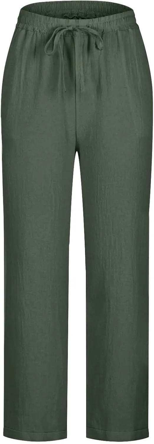 Summer Beach Pants for Women Linen Elastic High Waist Straight Leg Light Causal Cool Lounge Trousers Women Pajamas