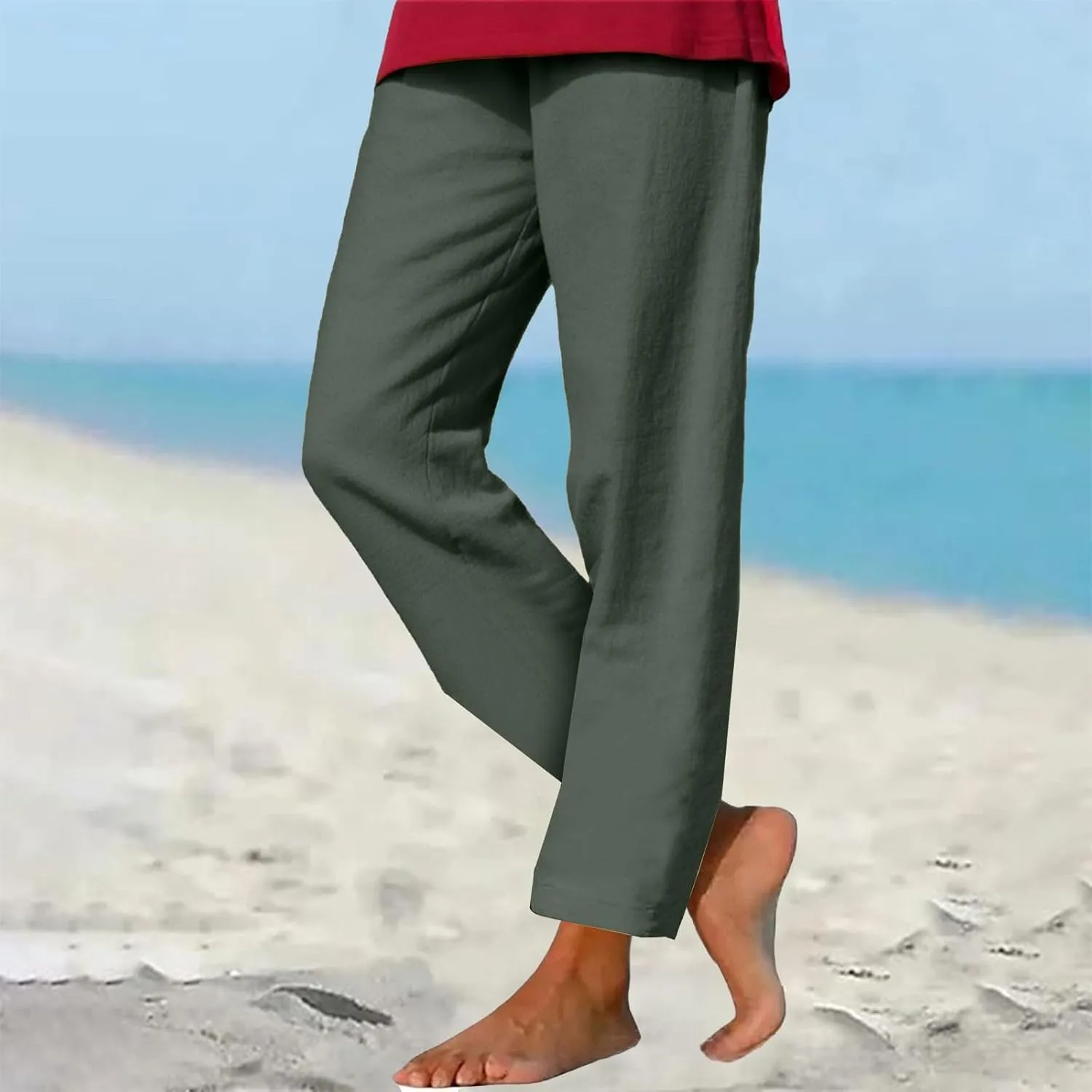 Summer Beach Pants for Women Linen Elastic High Waist Straight Leg Light Causal Cool Lounge Trousers Women Pajamas