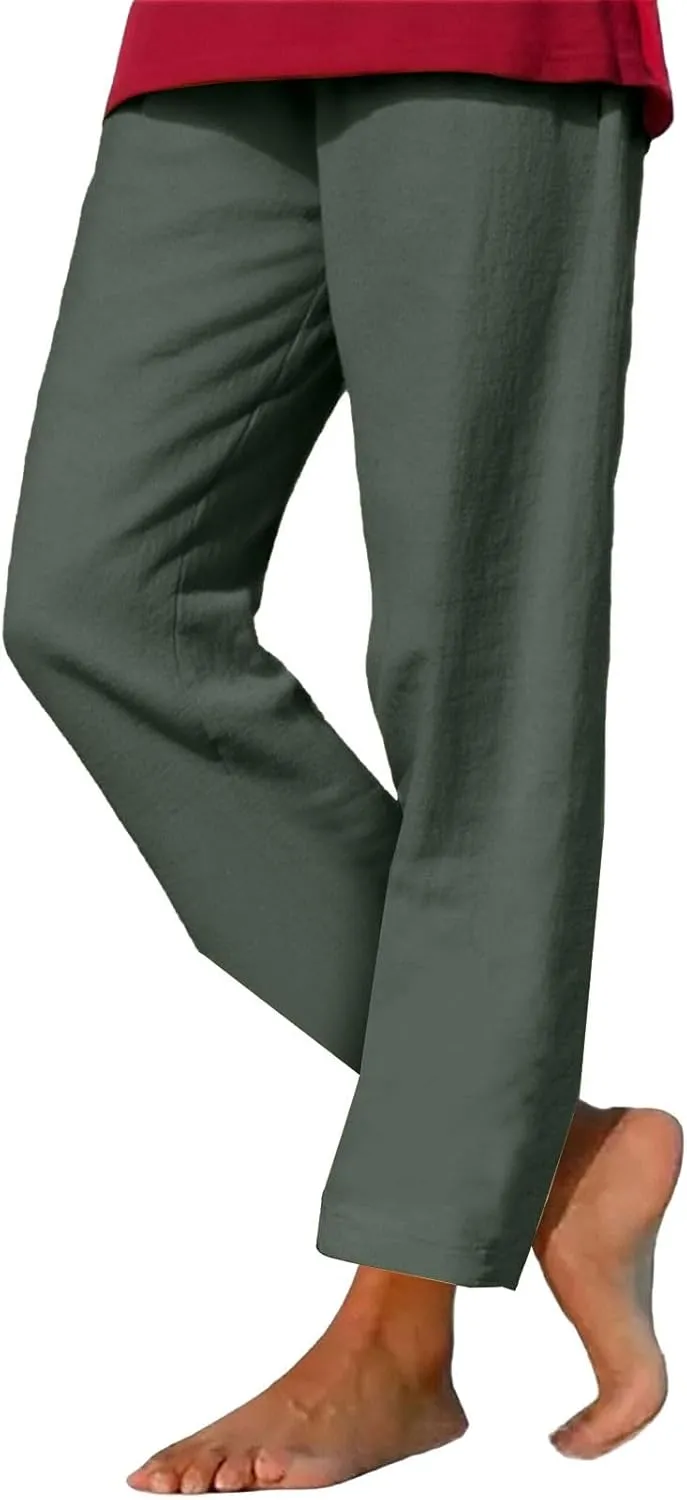 Summer Beach Pants for Women Linen Elastic High Waist Straight Leg Light Causal Cool Lounge Trousers Women Pajamas