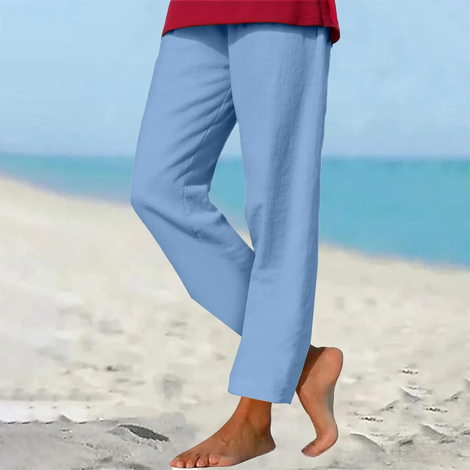 Summer Beach Pants for Women Linen Elastic High Waist Straight Leg Light Causal Cool Lounge Trousers Women Pajamas