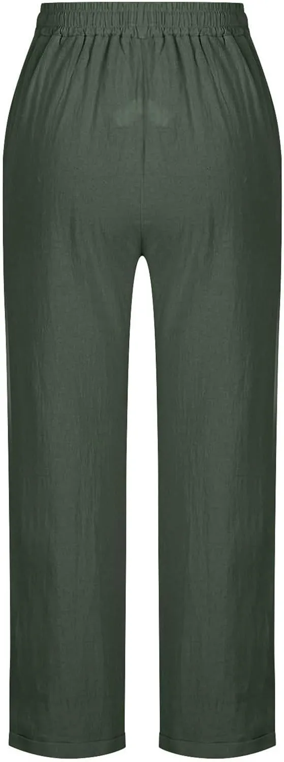 Summer Beach Pants for Women Linen Elastic High Waist Straight Leg Light Causal Cool Lounge Trousers Women Pajamas