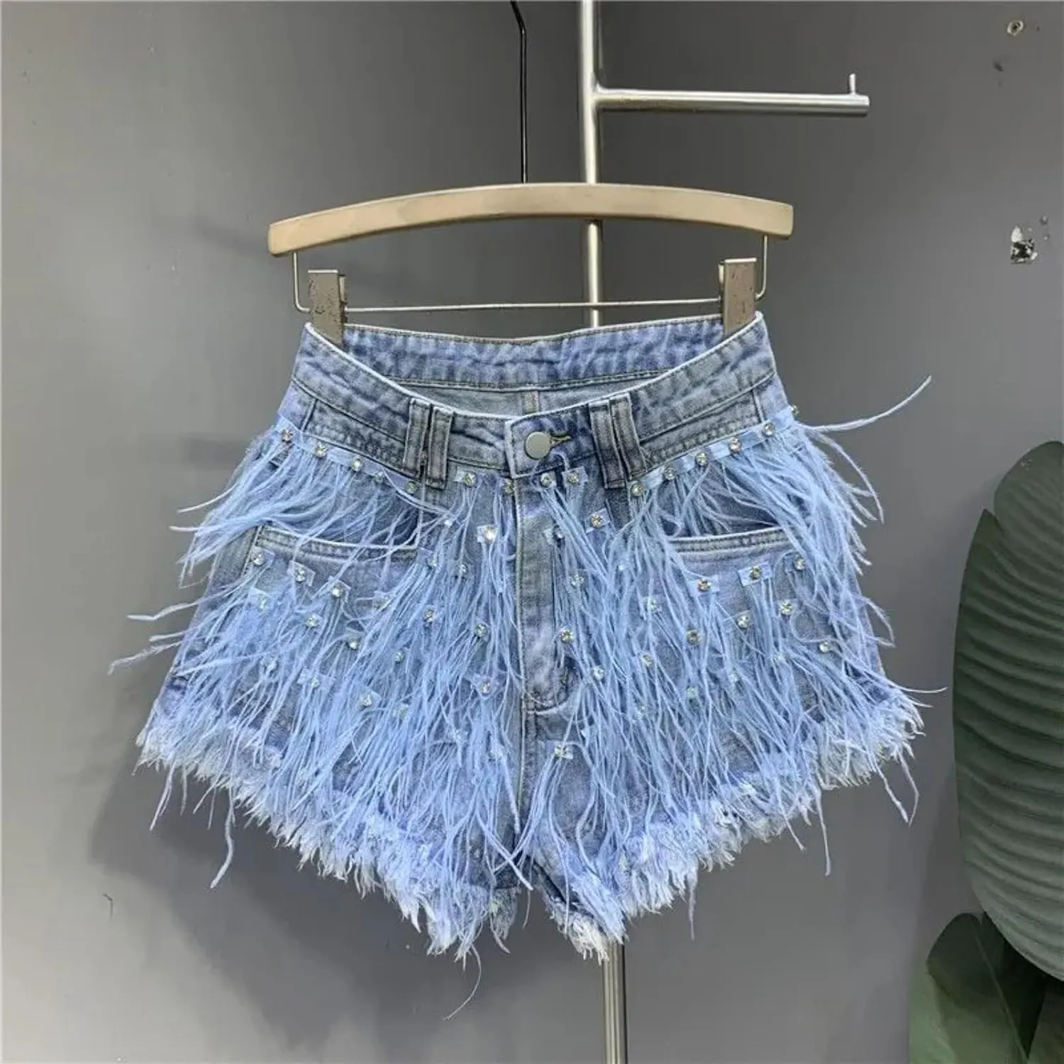 Summer Denim Shorts Women Personalized Tassel Diamond Wash Light Blue Jeans Sexy Feather Hot Pants