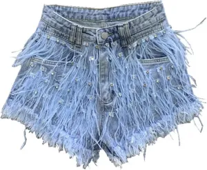 Summer Denim Shorts Women Personalized Tassel Diamond Wash Light Blue Jeans Sexy Feather Hot Pants