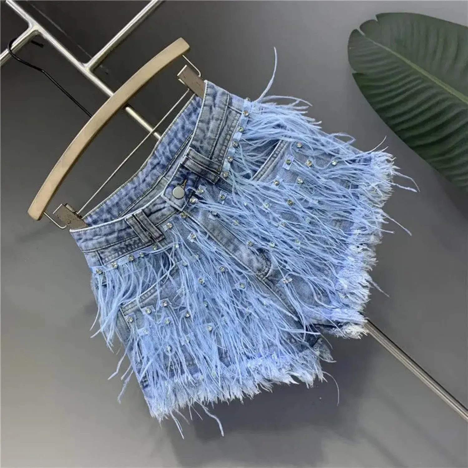 Summer Denim Shorts Women Personalized Tassel Diamond Wash Light Blue Jeans Sexy Feather Hot Pants