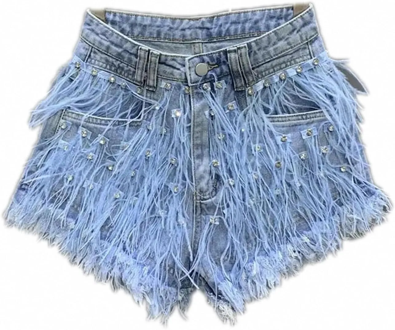 Summer Denim Shorts Women Personalized Tassel Diamond Wash Light Blue Short Jeans Sexy Feather Hot Pants