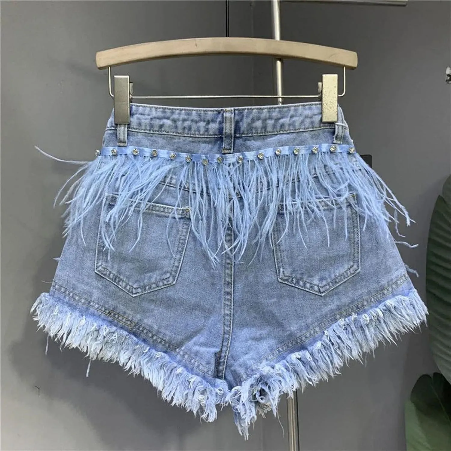 Summer Denim Shorts Women Personalized Tassel Diamond Wash Light Blue Short Jeans Sexy Feather Hot Pants