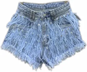 Summer Denim Shorts Women Personalized Tassel Diamond Wash Light Blue Short Jeans Sexy Feather Hot Pants
