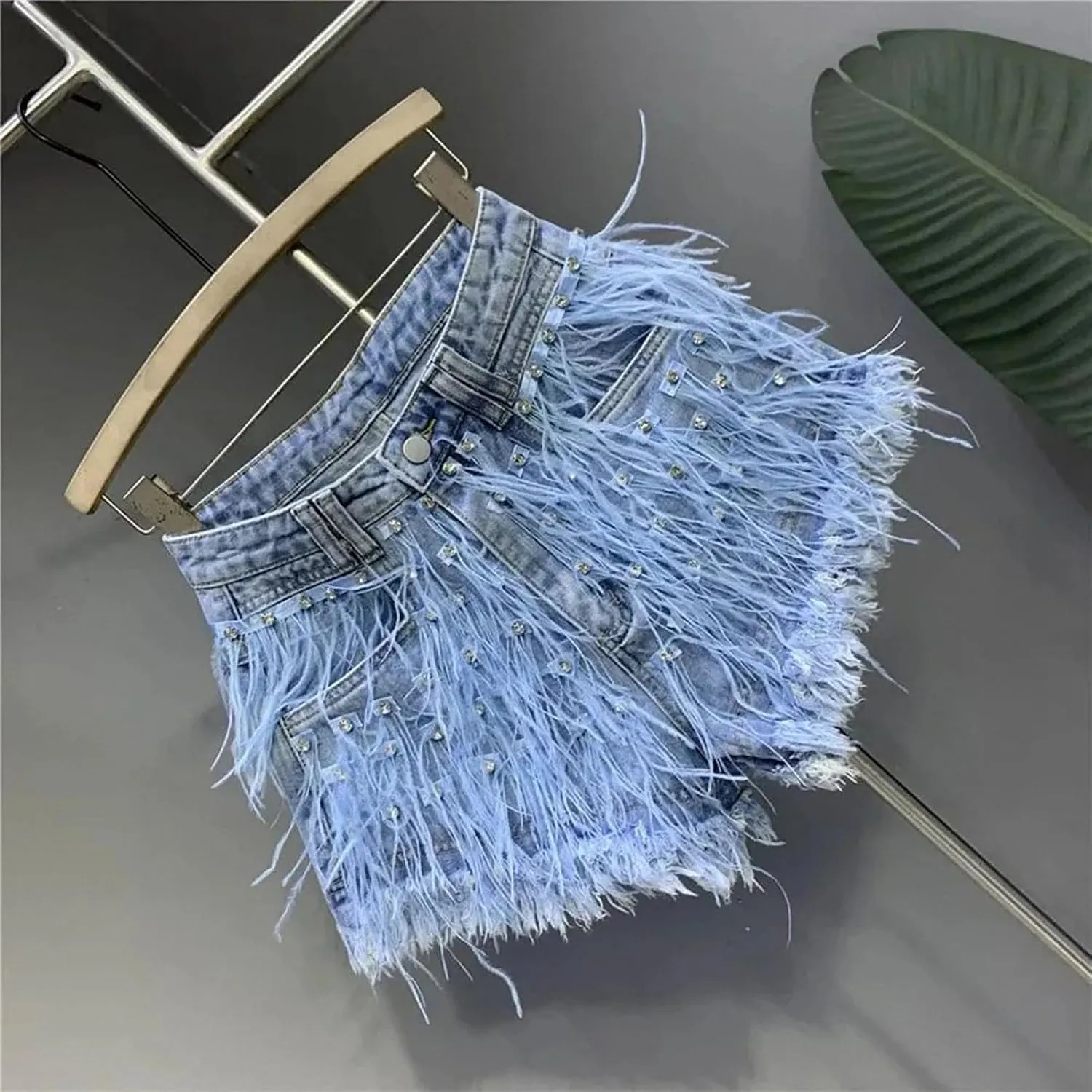 Summer Denim Shorts Women Personalized Tassel Diamond Wash Light Blue Short Jeans Sexy Feather Hot Pants