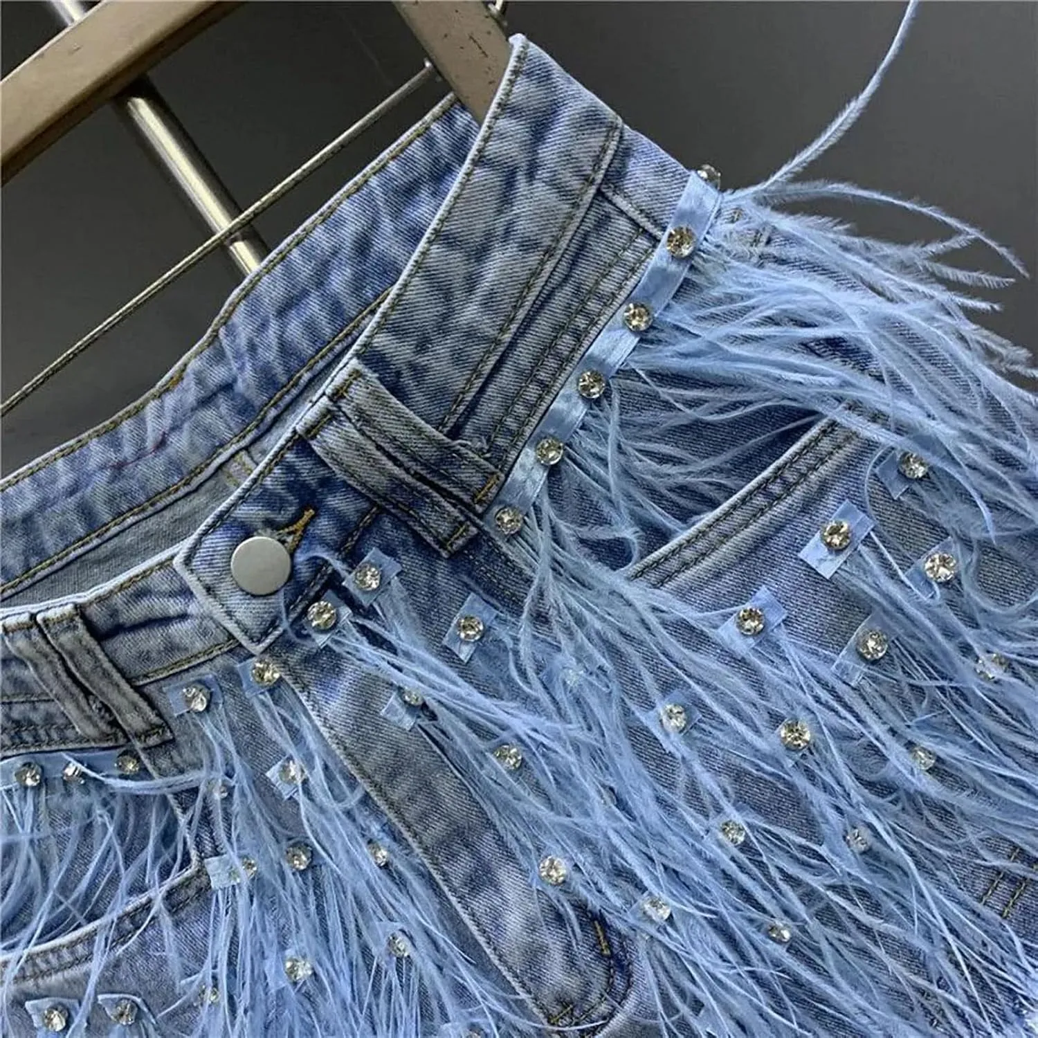 Summer Denim Shorts Women Personalized Tassel Diamond Wash Light Blue Short Jeans Sexy Feather Hot Pants