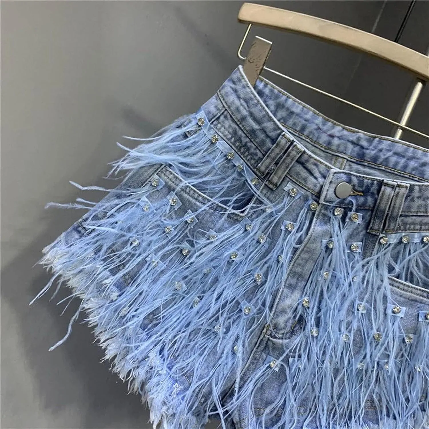 Summer Denim Shorts Women Personalized Tassel Diamond Wash Light Blue Short Jeans Sexy Feather Hot Pants