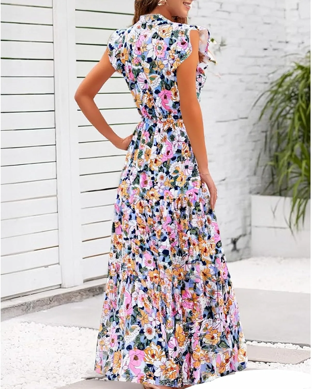 Summer Dresses for Women 2025 V Neck Cap Sleeve Floral Maxi Dress Flowy Tiered Ruffle Boho Dresses Beach Vacation Sundress