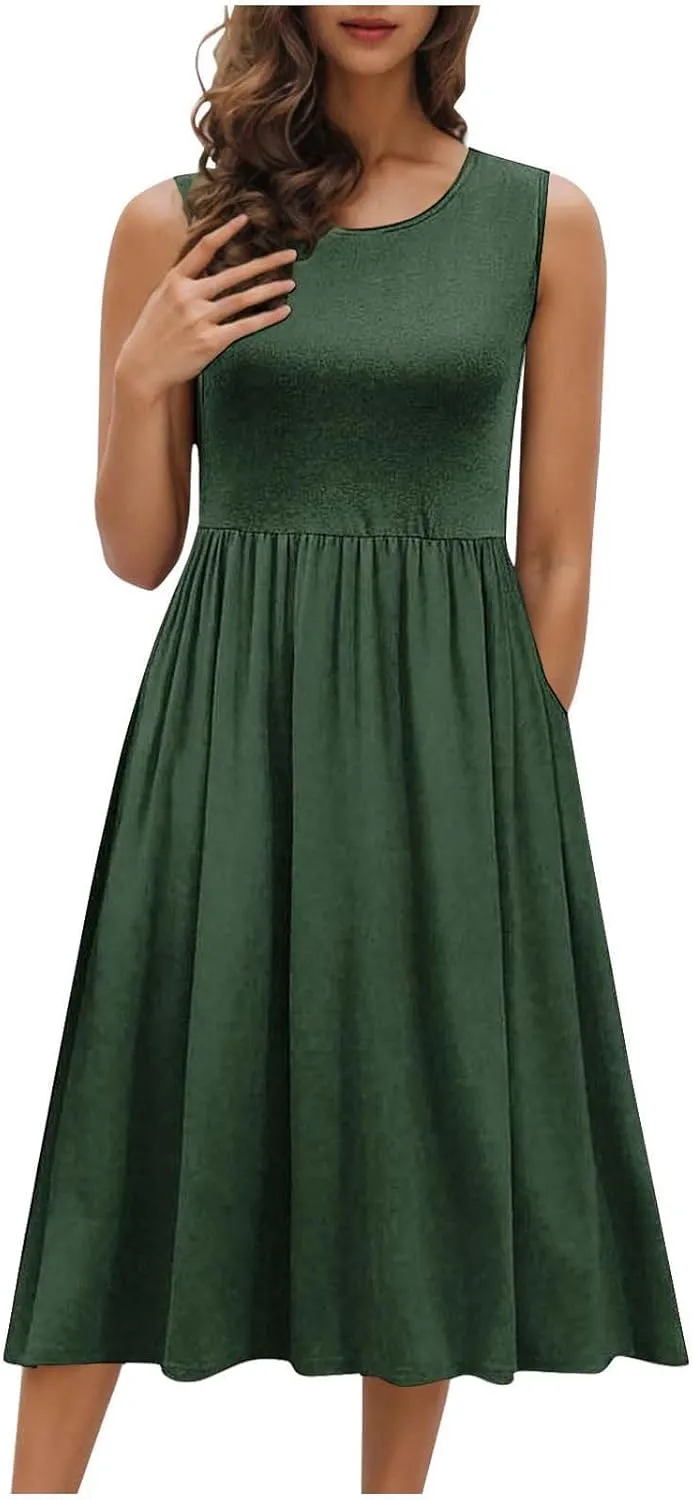 Summer Dresses for Women Casual A-Line Flowy Sleeveless Midi Dress Vintage Floral Print Pleated Beach Sundress 2025