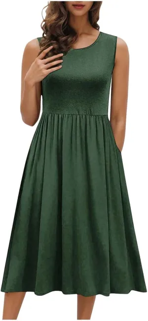Summer Dresses for Women Casual A-Line Flowy Sleeveless Midi Dress Vintage Floral Print Pleated Beach Sundress 2025