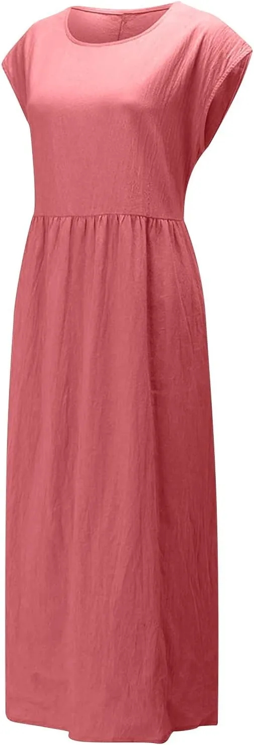Summer Long Dresses for Women 2023 Casual Plus Size Cotton Linen Tshirt Dress Sleeveless Loose Baggy Kaftan Dress