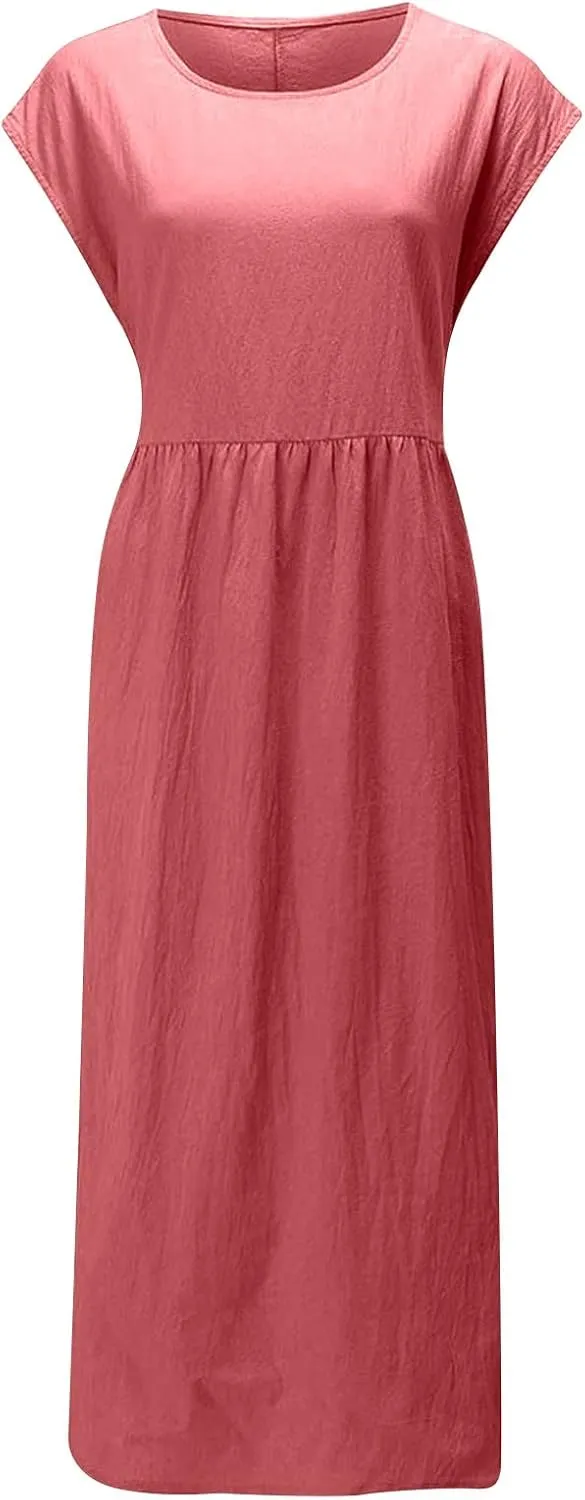 Summer Long Dresses for Women 2023 Casual Plus Size Cotton Linen Tshirt Dress Sleeveless Loose Baggy Kaftan Dress