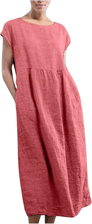 Summer Long Dresses for Women 2023 Casual Plus Size Cotton Linen Tshirt Dress Sleeveless Loose Baggy Kaftan Dress
