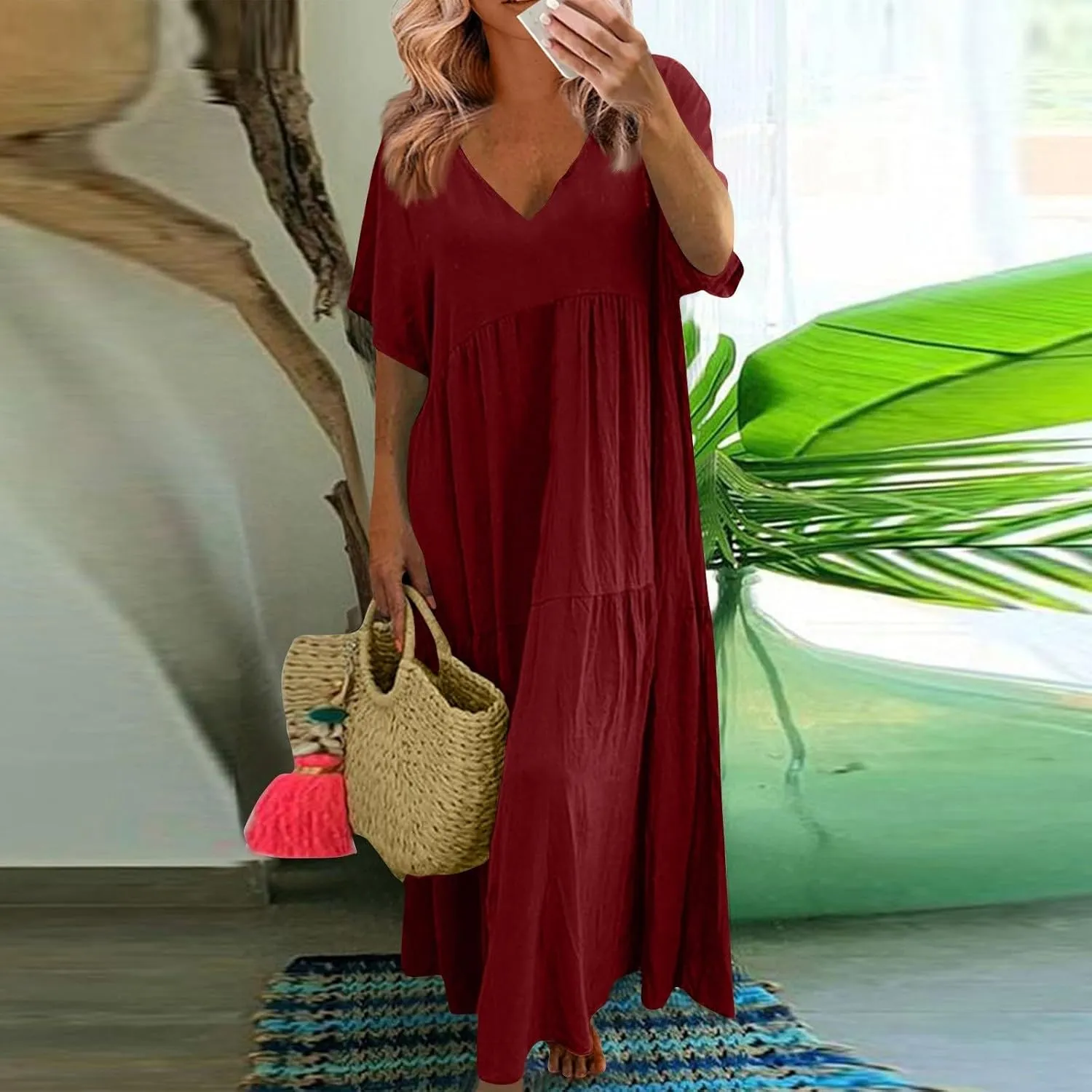Summer Maxi Linen Dresses for Women 2025 Plus Size Short Sleeve V Neck Long Flowy Smocked Tiered Beach Dress Frocks