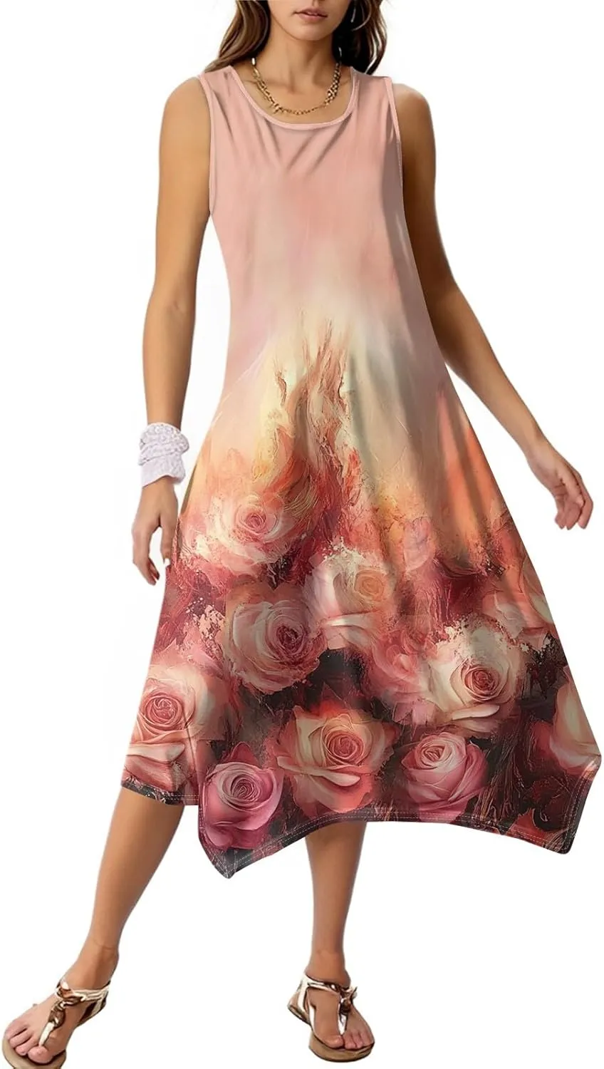 Summer Sleeveless A-Line Women Tank Midi Dress Dress Casual Floral Printed Skirt Flowy Beach Sundress with Pockets