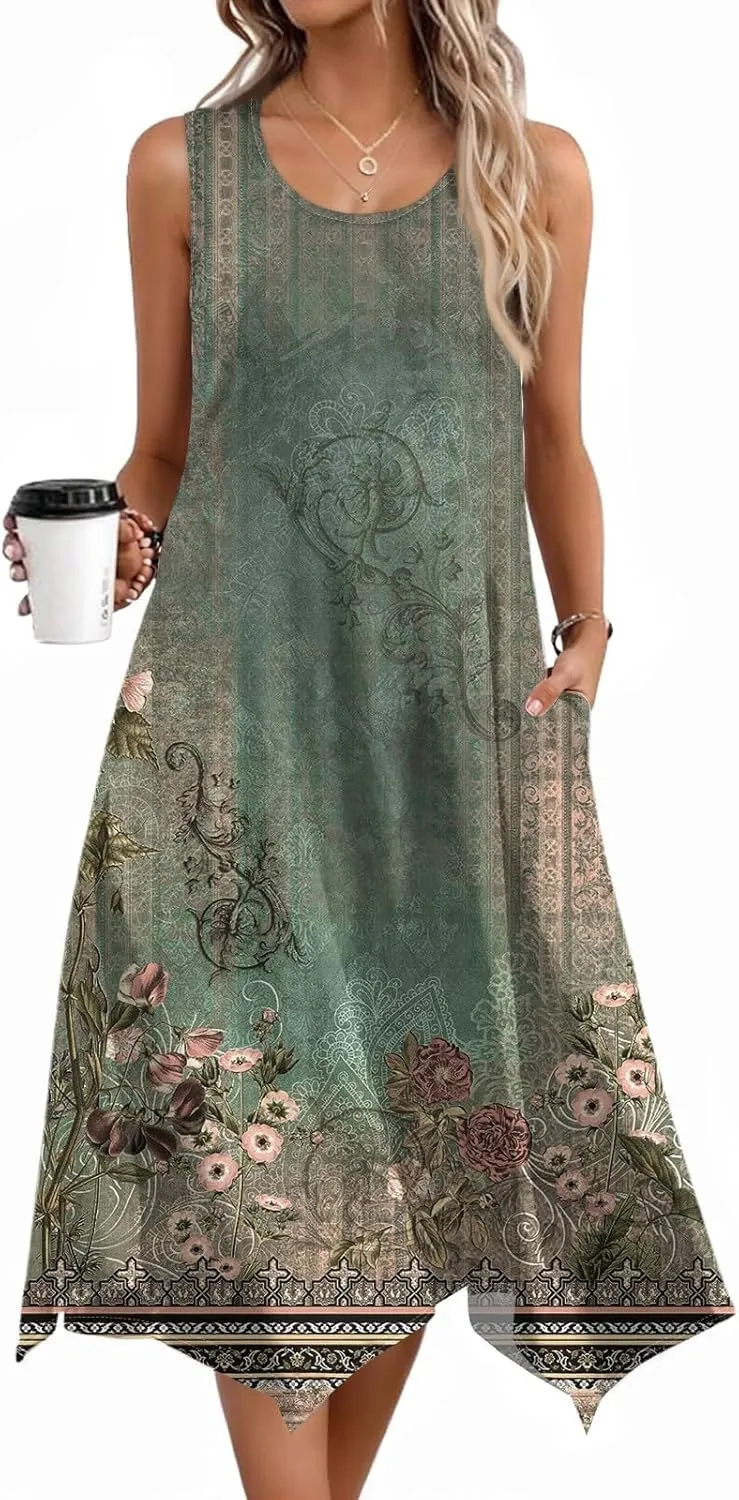 Summer Sleeveless A-Line Women Tank Midi Dress Dress Casual Floral Printed Skirt Flowy Beach Sundress with Pockets