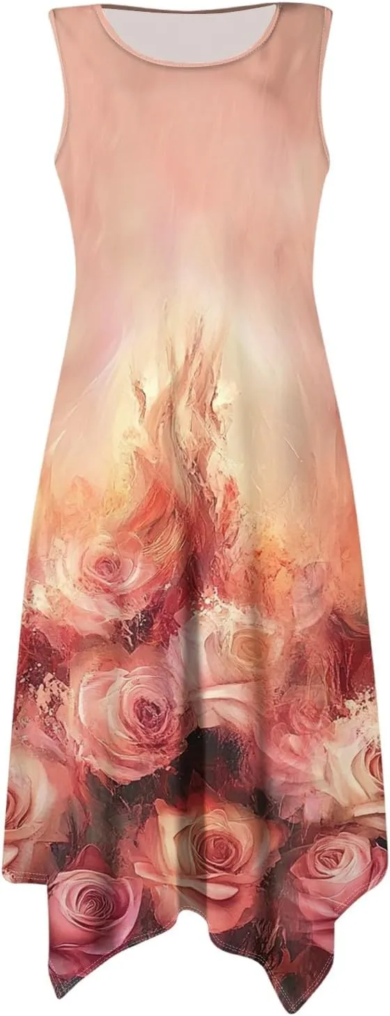 Summer Sleeveless A-Line Women Tank Midi Dress Dress Casual Floral Printed Skirt Flowy Beach Sundress with Pockets