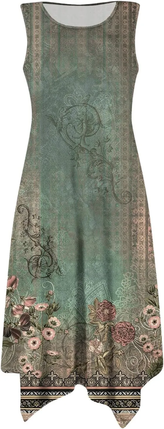 Summer Sleeveless A-Line Women Tank Midi Dress Dress Casual Floral Printed Skirt Flowy Beach Sundress with Pockets