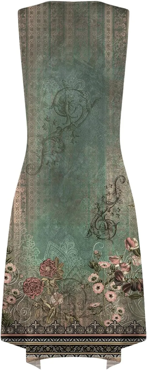 Summer Sleeveless A-Line Women Tank Midi Dress Dress Casual Floral Printed Skirt Flowy Beach Sundress with Pockets