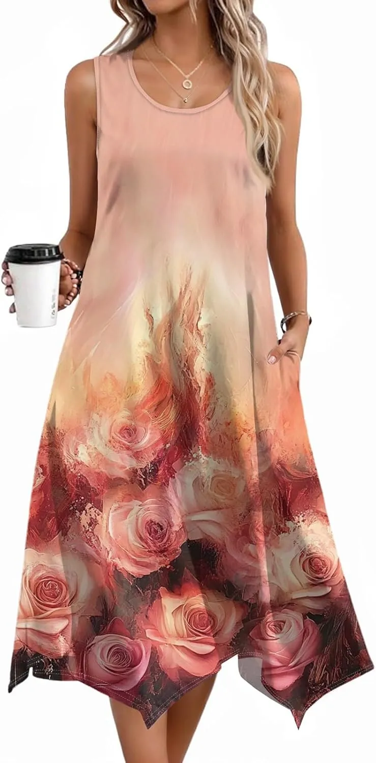 Summer Sleeveless A-Line Women Tank Midi Dress Dress Casual Floral Printed Skirt Flowy Beach Sundress with Pockets