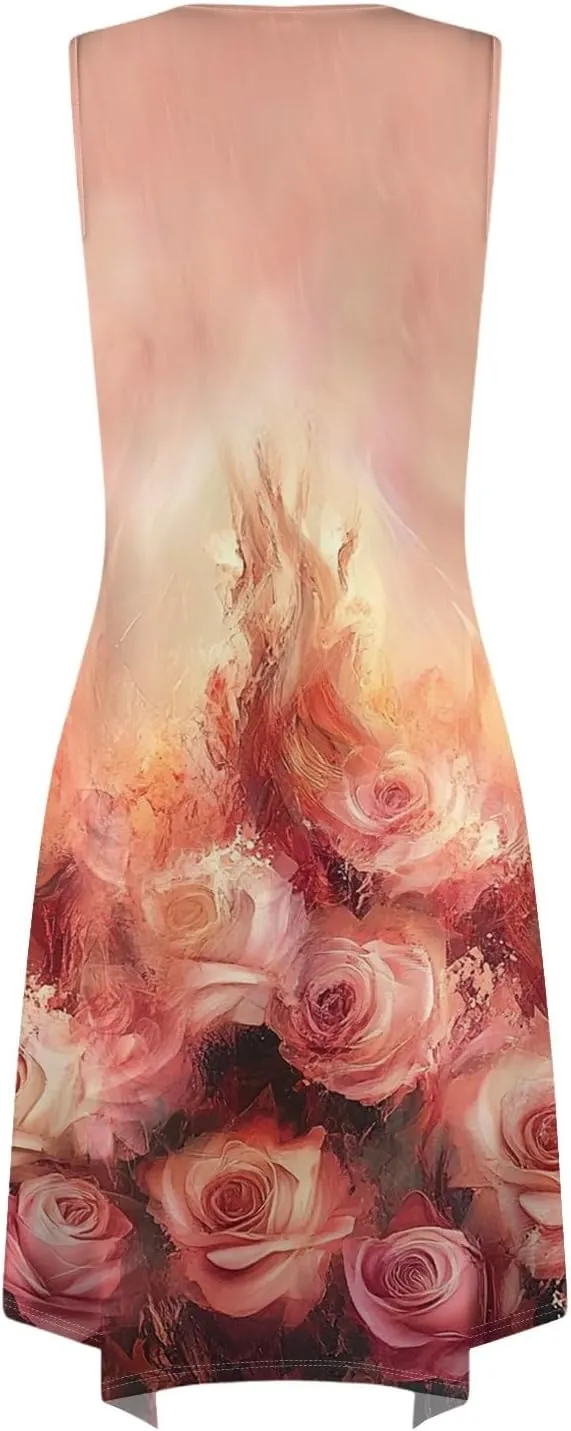 Summer Sleeveless A-Line Women Tank Midi Dress Dress Casual Floral Printed Skirt Flowy Beach Sundress with Pockets