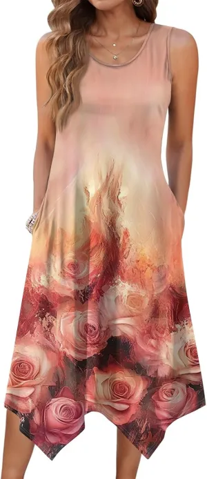 Summer Sleeveless A-Line Women Tank Midi Dress Dress Casual Floral Printed Skirt Flowy Beach Sundress with Pockets