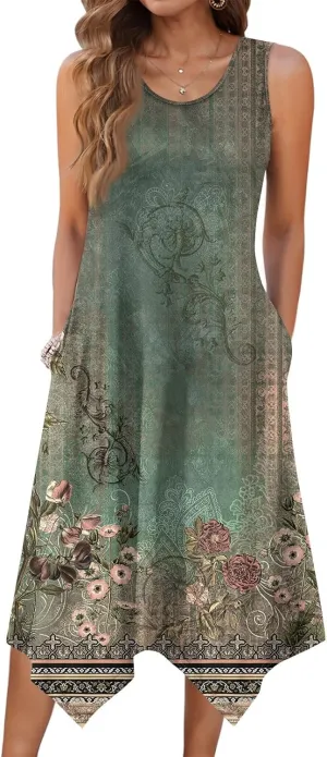 Summer Sleeveless A-Line Women Tank Midi Dress Dress Casual Floral Printed Skirt Flowy Beach Sundress with Pockets