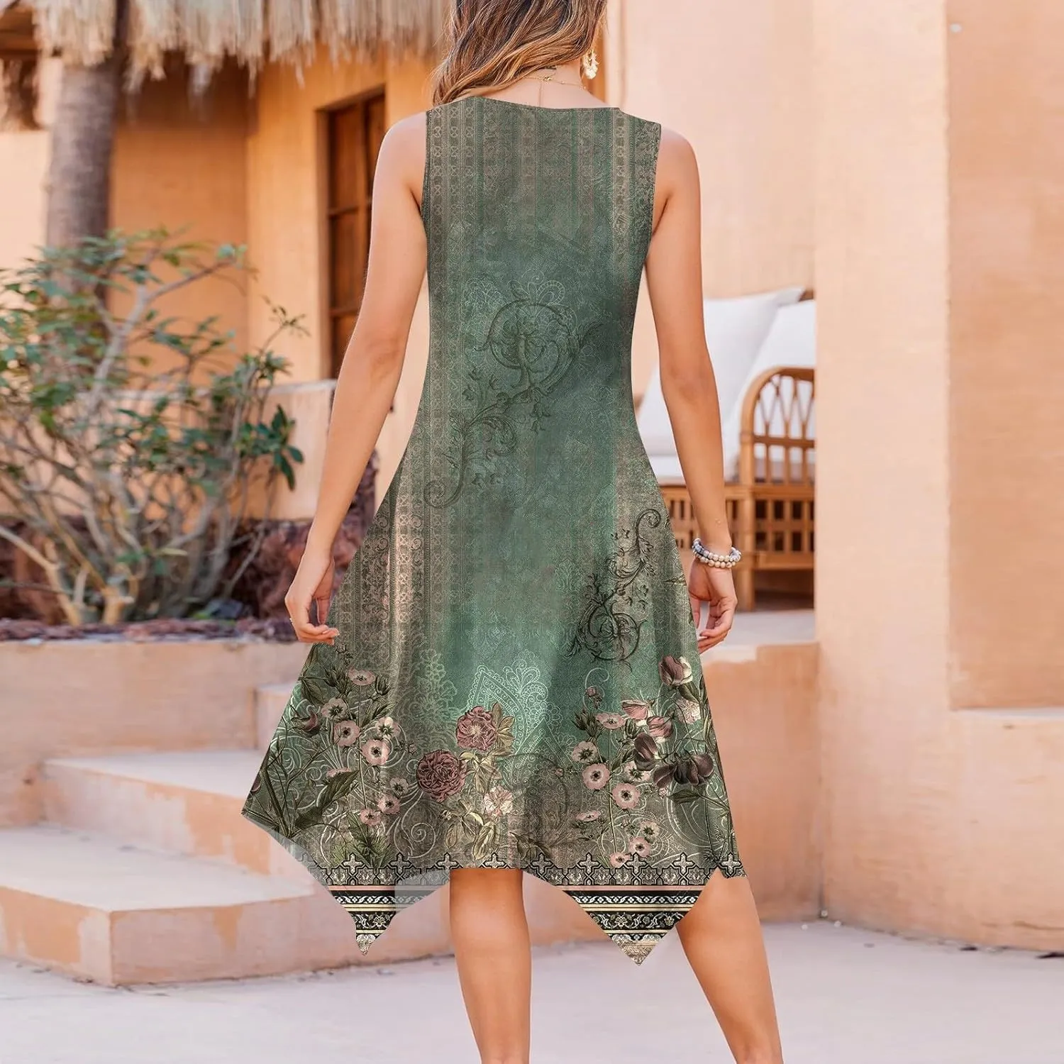 Summer Sleeveless A-Line Women Tank Midi Dress Dress Casual Floral Printed Skirt Flowy Beach Sundress with Pockets