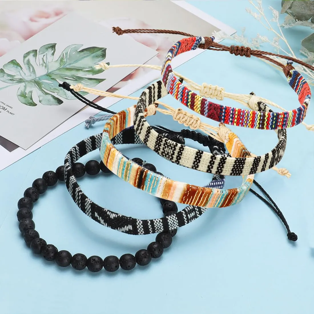 Surfer Beach Bracelet Set Men and Women, Bracelets For Men, Handmade Boho Bracelets Jewelry Wrap Bracelets Adjustable, Men'S And Women'S Anklet, Woven Bracelets (5pcs classic bracelet)