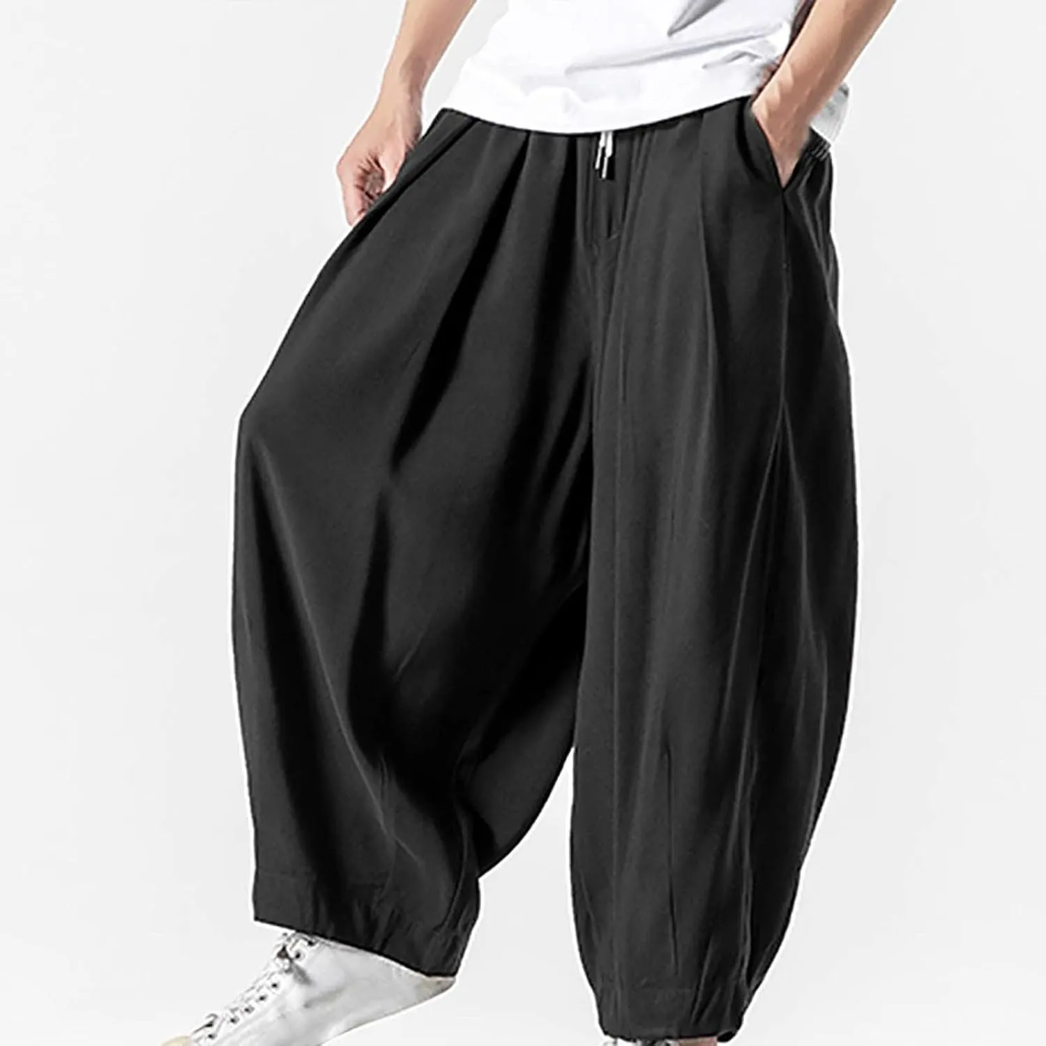 SUWBMHWE Mens Harem Pants Men Summer Beach Lounge Hippie Linen Graphic Wide-Leg Trousers Boho Toji Baggy Plus Size